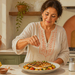 Mujer adulta condimentando un plato de pescado con verduras en una cocina, junto a un salero, aceite de oliva, limón, ajo y vegetales frescos.