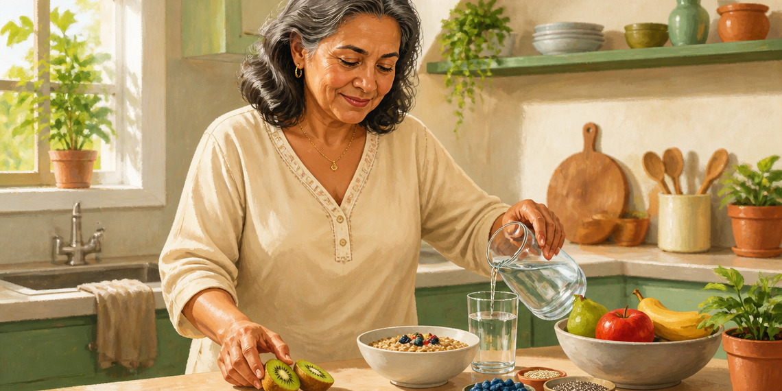 Mujer adulta en una cocina sirviendo agua en un vaso junto a un tazón de avena, kiwi, frutos rojos, semillas y frutas frescas.