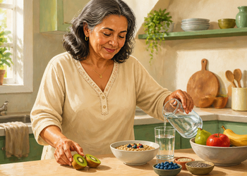 Mujer adulta en una cocina sirviendo agua en un vaso junto a un tazón de avena, kiwi, frutos rojos, semillas y frutas frescas.