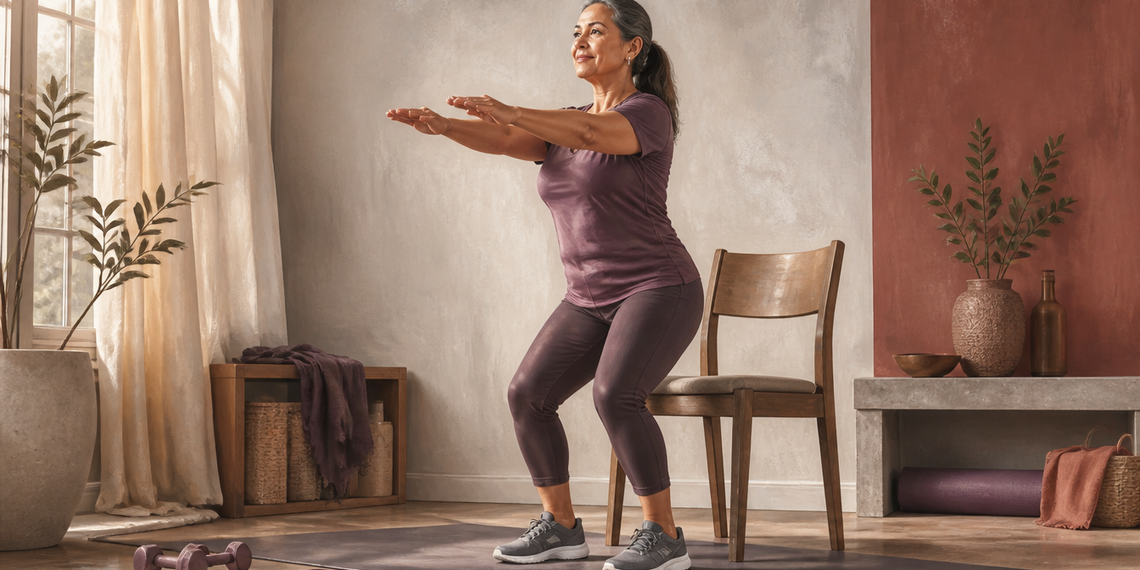 Mujer adulta haciendo una sentadilla frente a una silla en casa, con ropa deportiva, mancuernas y una esterilla de ejercicio alrededor.