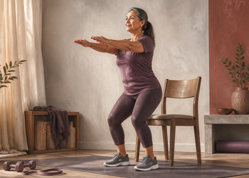 Mujer adulta haciendo una sentadilla frente a una silla en casa, con ropa deportiva, mancuernas y una esterilla de ejercicio alrededor.
