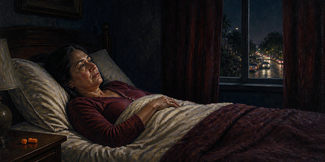 Mujer despierta acostada en la cama durante la noche, con tráfico de coches visible a través de la ventana y luces de la calle en el exterior.
