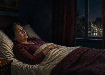 Mujer despierta acostada en la cama durante la noche, con tráfico de coches visible a través de la ventana y luces de la calle en el exterior.