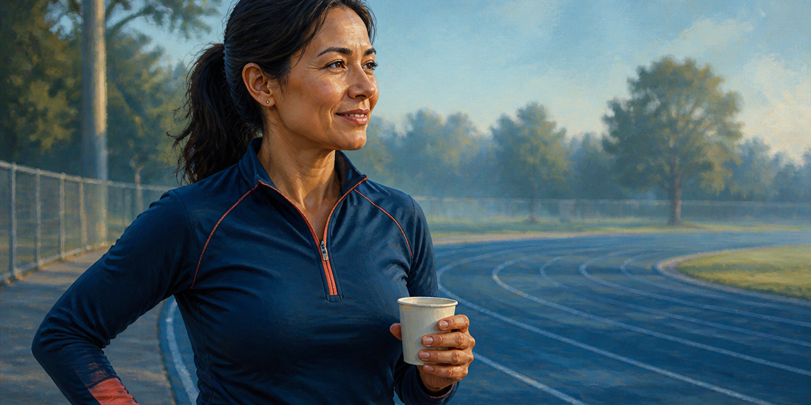 Mujer con ropa deportiva sostiene un vaso en una pista de atletismo, en una escena relacionada con el consumo de cafeína antes del ejercicio.