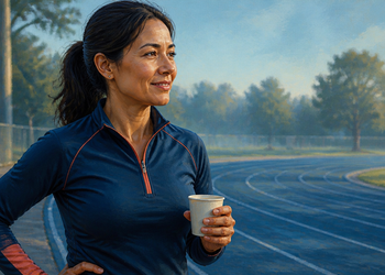 Mujer con ropa deportiva sostiene un vaso en una pista de atletismo, en una escena relacionada con el consumo de cafeína antes del ejercicio.