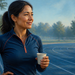Mujer con ropa deportiva sostiene un vaso en una pista de atletismo, en una escena relacionada con el consumo de cafeína antes del ejercicio.
