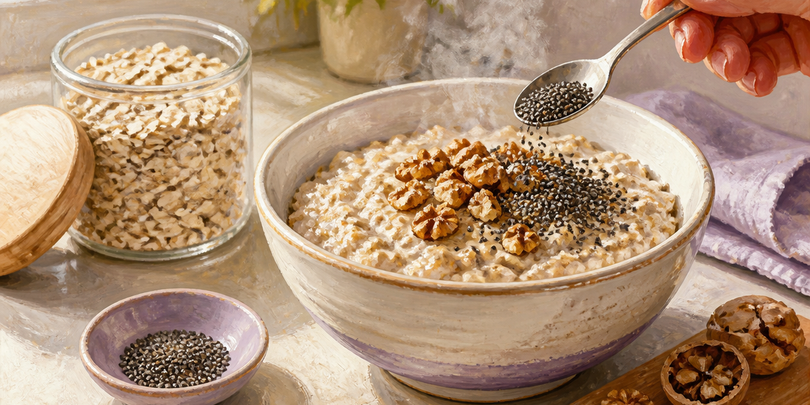Tazón de avena caliente con nueces y semillas de chía, junto a un frasco con copos de avena y más frutos secos sobre la mesa.