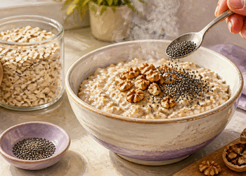 Tazón de avena caliente con nueces y semillas de chía, junto a un frasco con copos de avena y más frutos secos sobre la mesa.