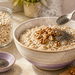 Tazón de avena caliente con nueces y semillas de chía, junto a un frasco con copos de avena y más frutos secos sobre la mesa.