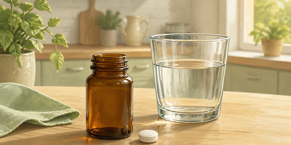 Frasco de vidrio ámbar abierto con un comprimido blanco junto a un vaso de agua sobre una mesa de cocina iluminada por el sol.