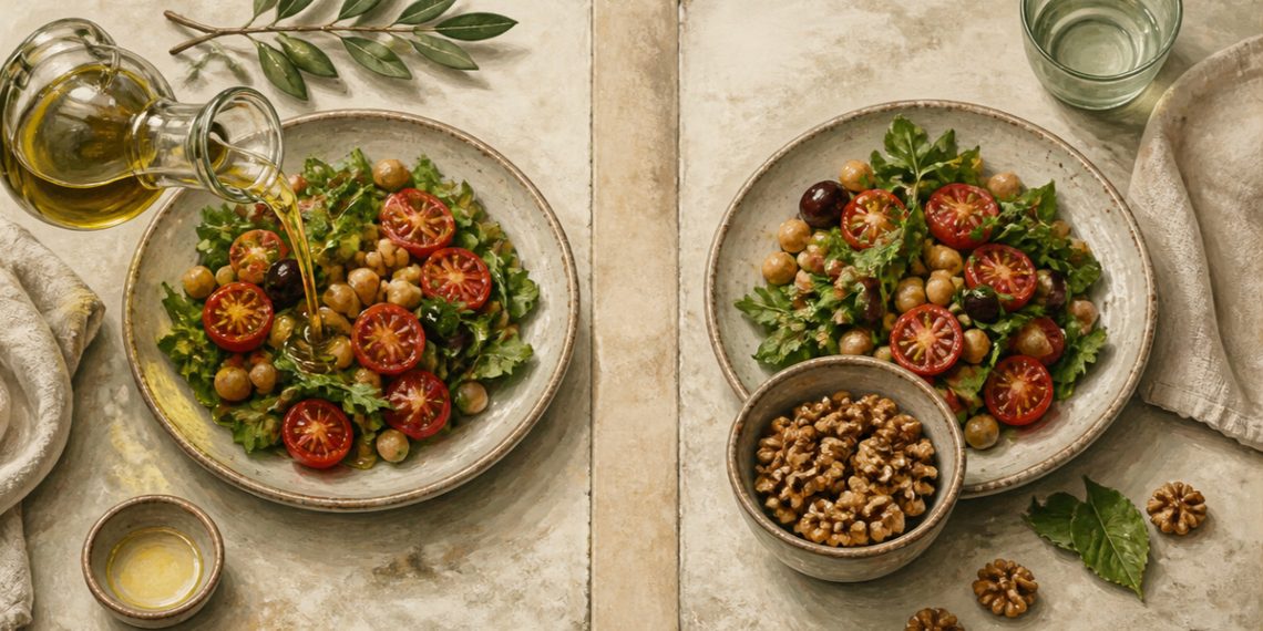 Vista superior de dos platos de ensalada mediterránea con garbanzos, tomates y hojas verdes; en uno se vierte aceite de oliva y en el otro aparece un cuenco con frutos secos.