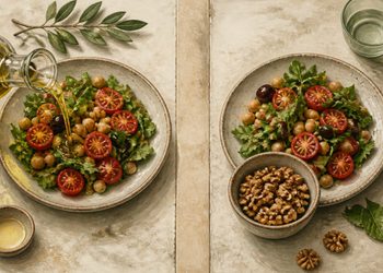 Vista superior de dos platos de ensalada mediterránea con garbanzos, tomates y hojas verdes; en uno se vierte aceite de oliva y en el otro aparece un cuenco con frutos secos.