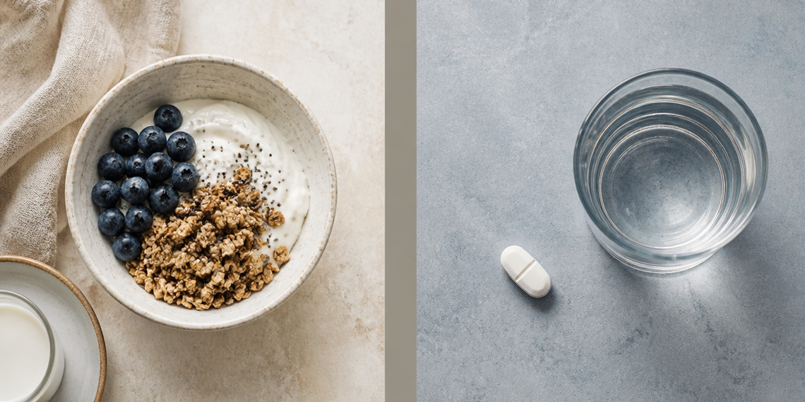 Cuenco con yogur, arándanos y granola junto a un vaso de agua y un comprimido blanco en una composición dividida en dos partes.