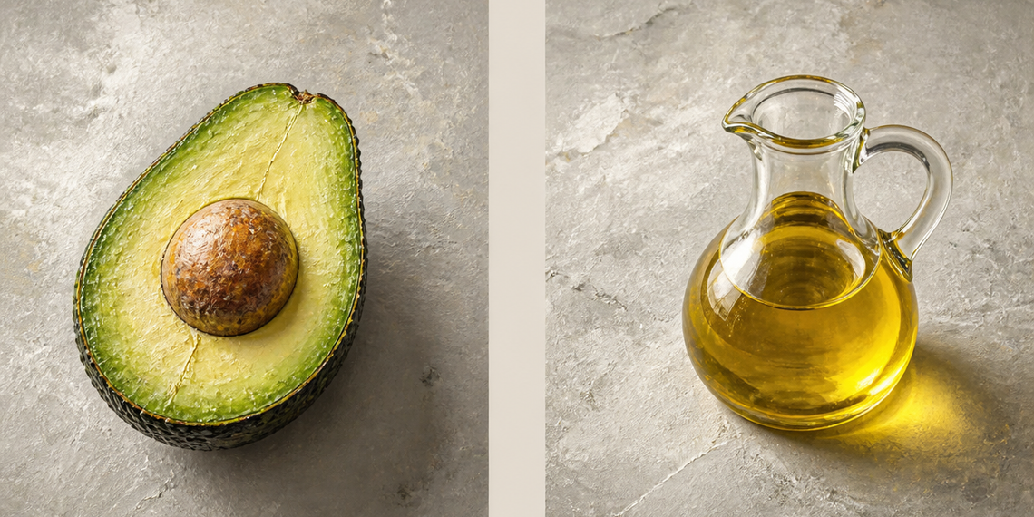 Mitad de aguacate con hueso y una jarra de aceite sobre una superficie clara, presentados en una composición dividida en dos partes.