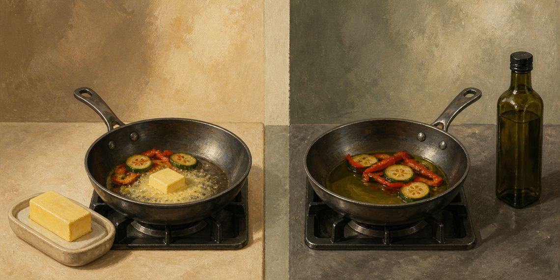 Dos sartenes comparan verduras cocinadas con mantequilla y con aceite de oliva, junto a una botella de aceite y un bloque de mantequilla.