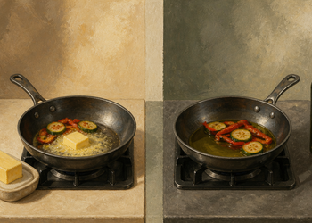 Dos sartenes comparan verduras cocinadas con mantequilla y con aceite de oliva, junto a una botella de aceite y un bloque de mantequilla.