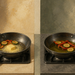 Dos sartenes comparan verduras cocinadas con mantequilla y con aceite de oliva, junto a una botella de aceite y un bloque de mantequilla.