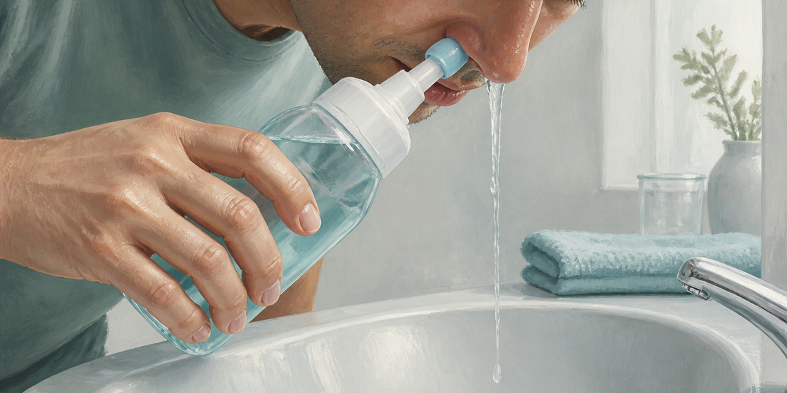 Hombre adulto realizando un lavado nasal sobre un lavabo con una botella de irrigación, mientras el líquido sale por la otra fosa nasal.