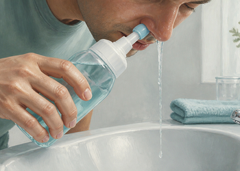 Hombre adulto realizando un lavado nasal sobre un lavabo con una botella de irrigación, mientras el líquido sale por la otra fosa nasal.
