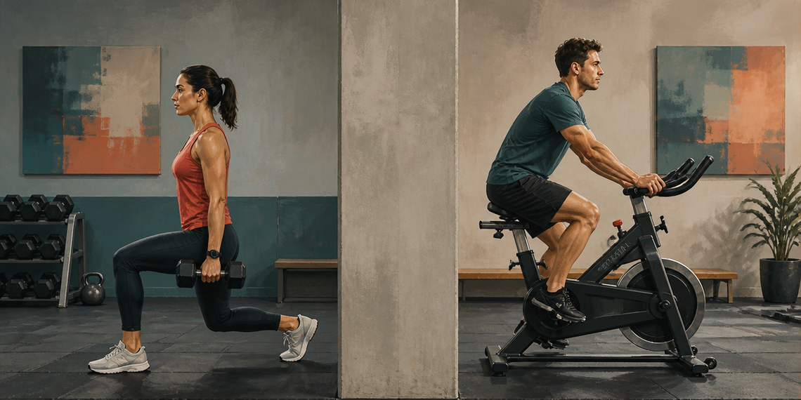 Mujer realizando una zancada con mancuernas y hombre pedaleando en una bicicleta estática dentro de un gimnasio.