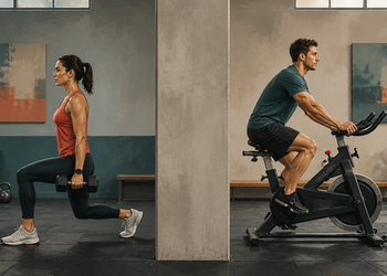Mujer realizando una zancada con mancuernas y hombre pedaleando en una bicicleta estática dentro de un gimnasio.