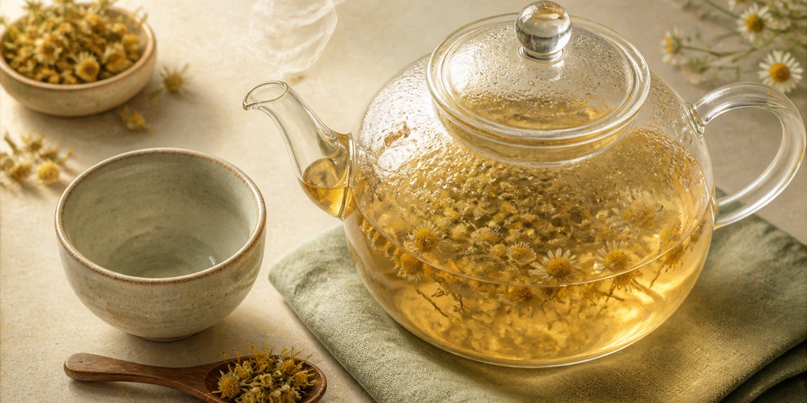 Tetera de vidrio con infusión de manzanilla y flores visibles, acompañada de una taza, flores secas y una cuchara de madera.