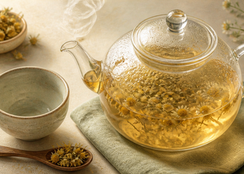 Tetera de vidrio con infusión de manzanilla y flores visibles, acompañada de una taza, flores secas y una cuchara de madera.