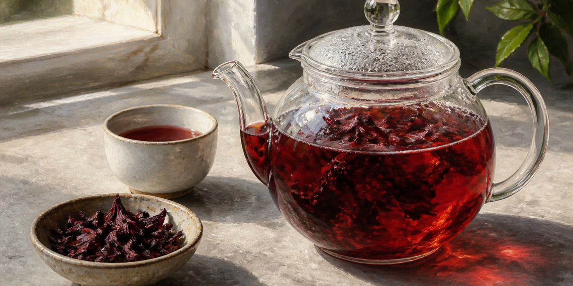 Tetera de vidrio con infusión roja de hibisco junto a una taza y un cuenco con flores secas sobre una superficie clara cerca de una ventana.