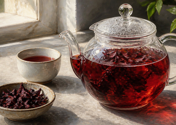 Tetera de vidrio con infusión roja de hibisco junto a una taza y un cuenco con flores secas sobre una superficie clara cerca de una ventana.
