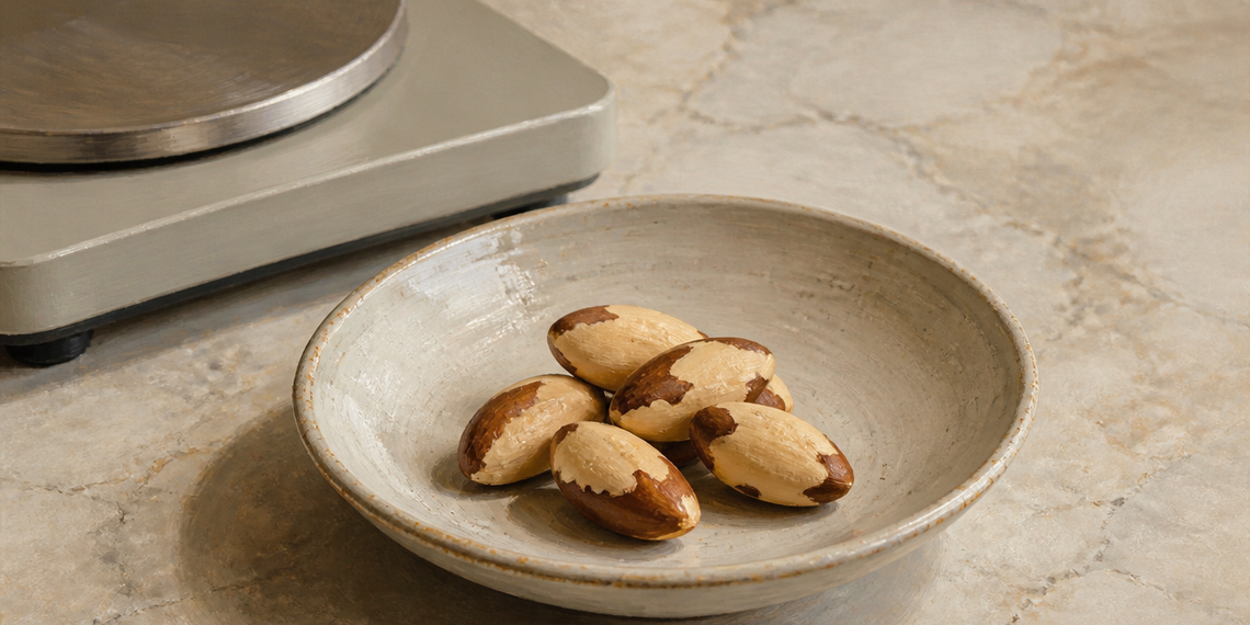 Cuenco con varias nueces de Brasil sobre una encimera clara, junto a una balanza de cocina.