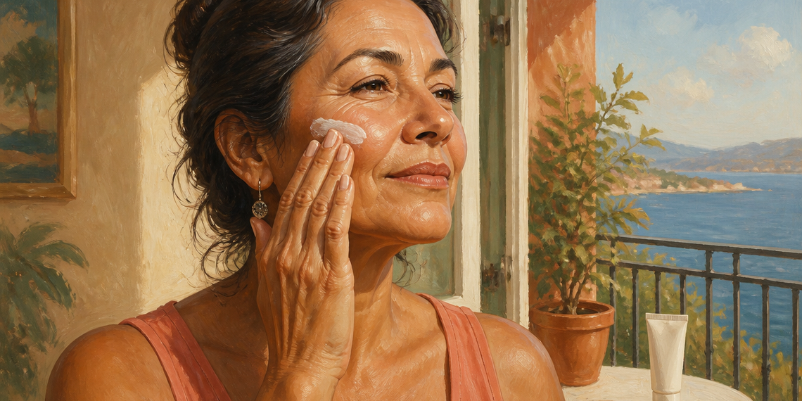 Mujer madura aplicándose crema en la mejilla junto a una ventana, con un tubo de producto sobre una mesa.