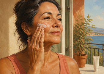 Mujer madura aplicándose crema en la mejilla junto a una ventana, con un tubo de producto sobre una mesa.
