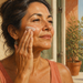 Mujer madura aplicándose crema en la mejilla junto a una ventana, con un tubo de producto sobre una mesa.