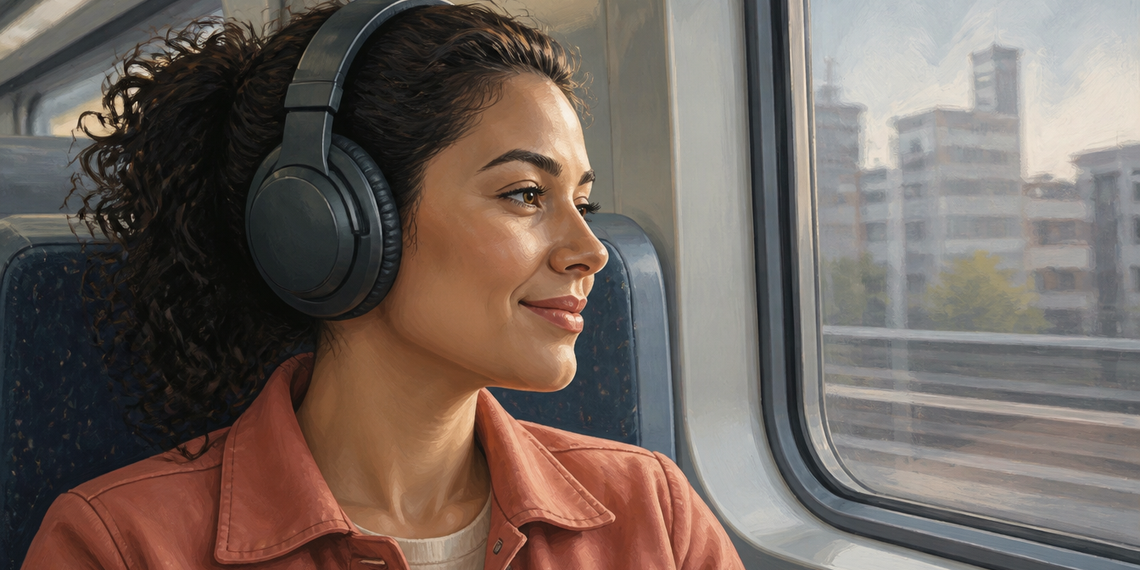 Mujer adulta de cabello oscuro y rizado escucha música con auriculares grandes mientras viaja sentada junto a la ventana de un tren y observa el paisaje urbano.