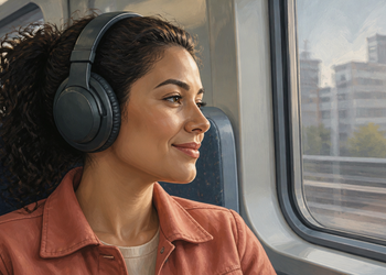 Mujer adulta de cabello oscuro y rizado escucha música con auriculares grandes mientras viaja sentada junto a la ventana de un tren y observa el paisaje urbano.