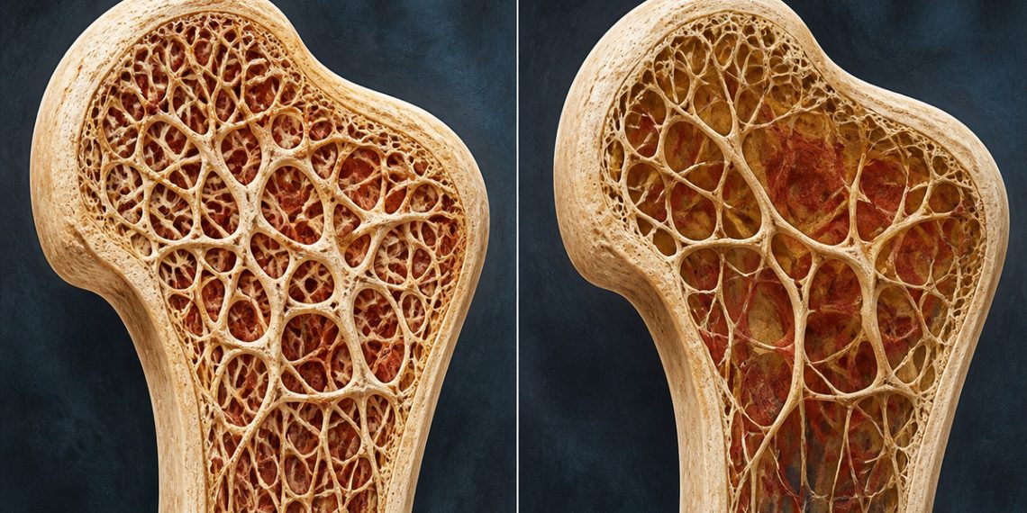 Comparación ilustrada de dos secciones de hueso: a la izquierda, una estructura interna con trabéculas abundantes y compactas; a la derecha, una red ósea más fina y con espacios más grandes, representativa de la osteoporosis.