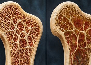 Comparación ilustrada de dos secciones de hueso: a la izquierda, una estructura interna con trabéculas abundantes y compactas; a la derecha, una red ósea más fina y con espacios más grandes, representativa de la osteoporosis.