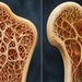 Comparación ilustrada de dos secciones de hueso: a la izquierda, una estructura interna con trabéculas abundantes y compactas; a la derecha, una red ósea más fina y con espacios más grandes, representativa de la osteoporosis.