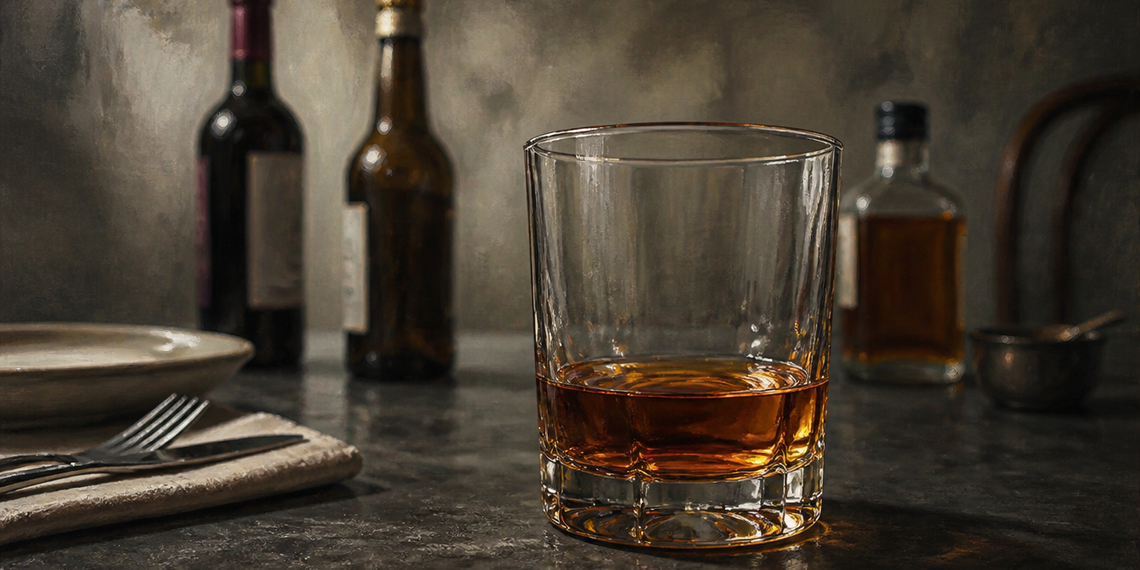 Vaso con una bebida alcohólica de color ámbar sobre una mesa, con varias botellas de alcohol desenfocadas al fondo.