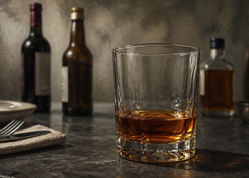 Vaso con una bebida alcohólica de color ámbar sobre una mesa, con varias botellas de alcohol desenfocadas al fondo.