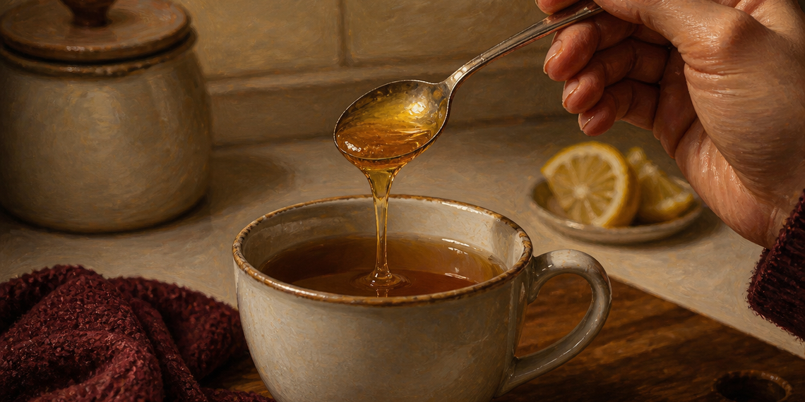 Mano sosteniendo una cuchara con miel sobre una taza de bebida caliente, con rodajas de limón al fondo en una cocina.