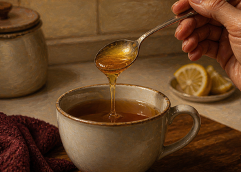 Mano sosteniendo una cuchara con miel sobre una taza de bebida caliente, con rodajas de limón al fondo en una cocina.