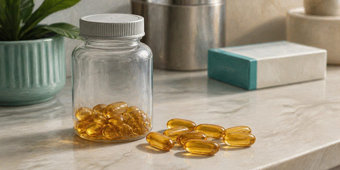 Frasco transparente con cápsulas doradas de omega-3 y varias cápsulas sueltas sobre una encimera clara.