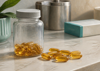 Frasco transparente con cápsulas doradas de omega-3 y varias cápsulas sueltas sobre una encimera clara.