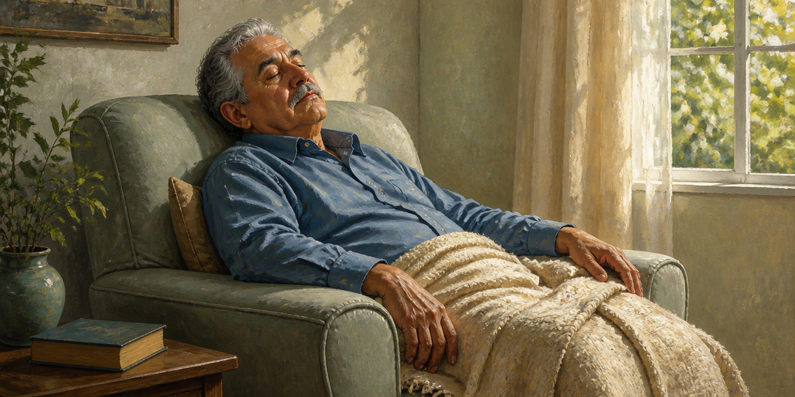 Hombre mayor dormido en un sillón reclinable junto a una ventana, cubierto con una manta y con las manos descansando sobre el cuerpo.