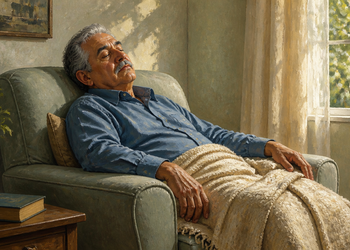 Hombre mayor dormido en un sillón reclinable junto a una ventana, cubierto con una manta y con las manos descansando sobre el cuerpo.