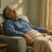 Hombre mayor dormido en un sillón reclinable junto a una ventana, cubierto con una manta y con las manos descansando sobre el cuerpo.