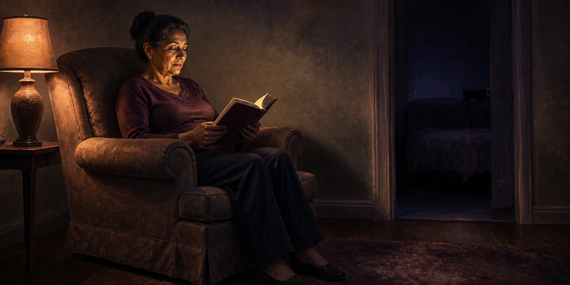 Mujer adulta despierta por la noche, sentada en un sillón y leyendo un libro junto a una lámpara encendida, con un dormitorio oscuro visible al fondo.