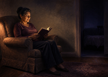 Mujer adulta despierta por la noche, sentada en un sillón y leyendo un libro junto a una lámpara encendida, con un dormitorio oscuro visible al fondo.