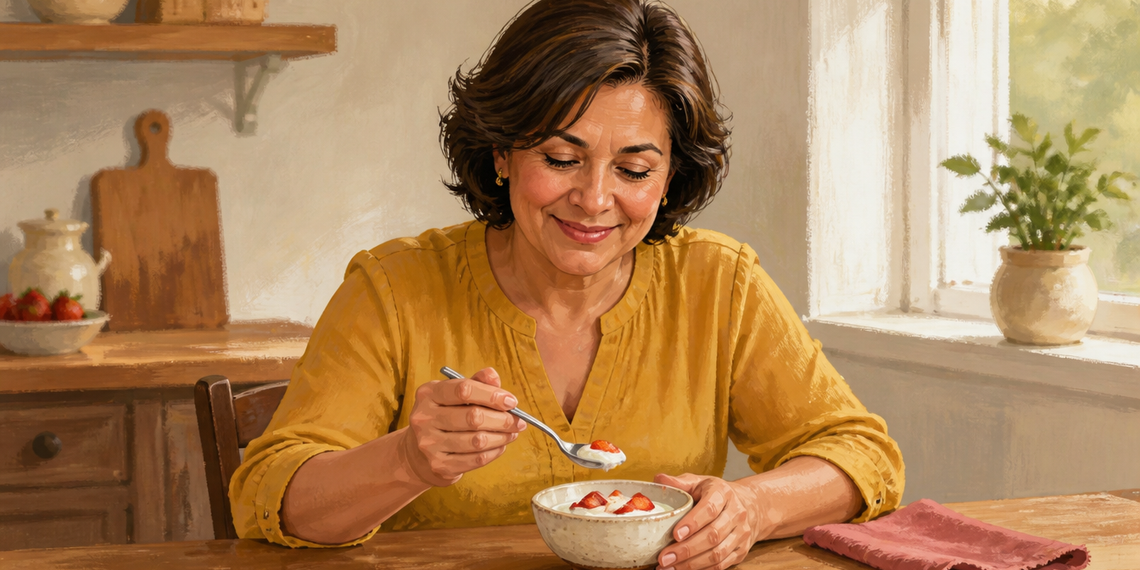 Mujer adulta sonriente comiendo un cuenco de yogur con fresas, sentada a una mesa de cocina mientras sostiene una cuchara con una pequeña porción.